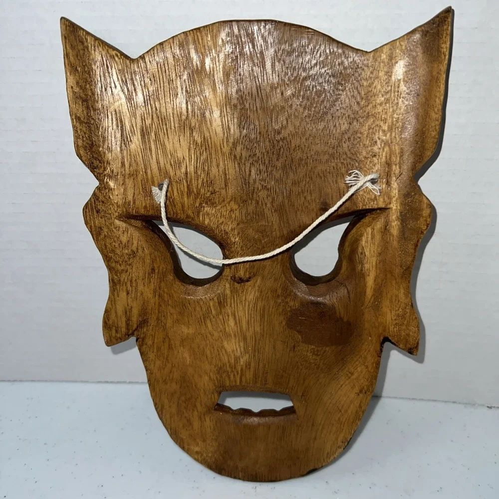 Vintage Wood THAI Mask Hand Carved & Painted Decor Asian Demon Face